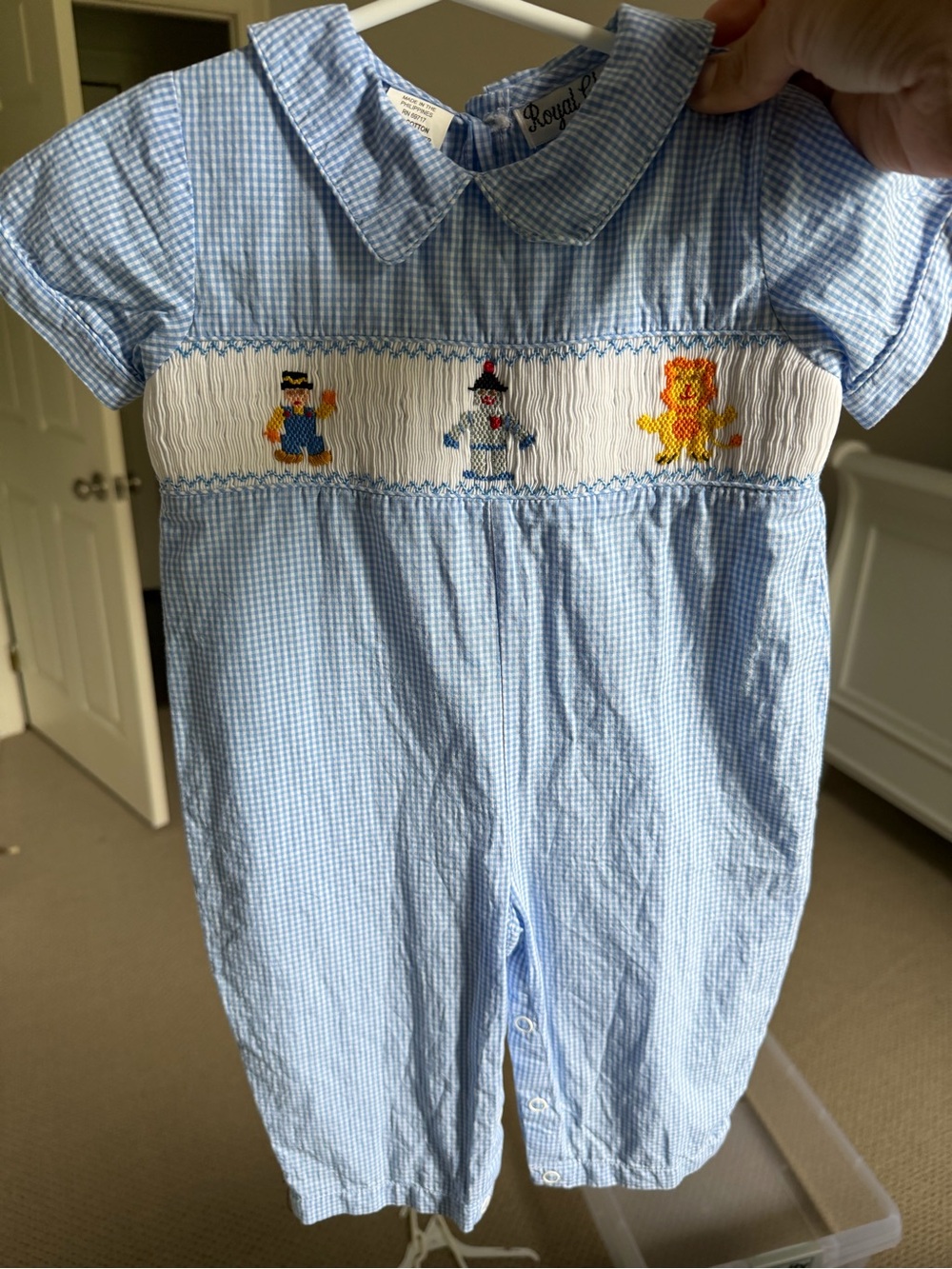 12mo Blue Gingham Smocked Baby Romper with Wizard of Oz Embroidery